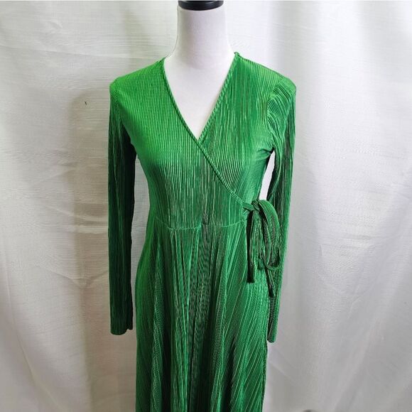 River Island Green Daywear Plisse Wrap Midi Dress Size US6 - Picture 5 of 13